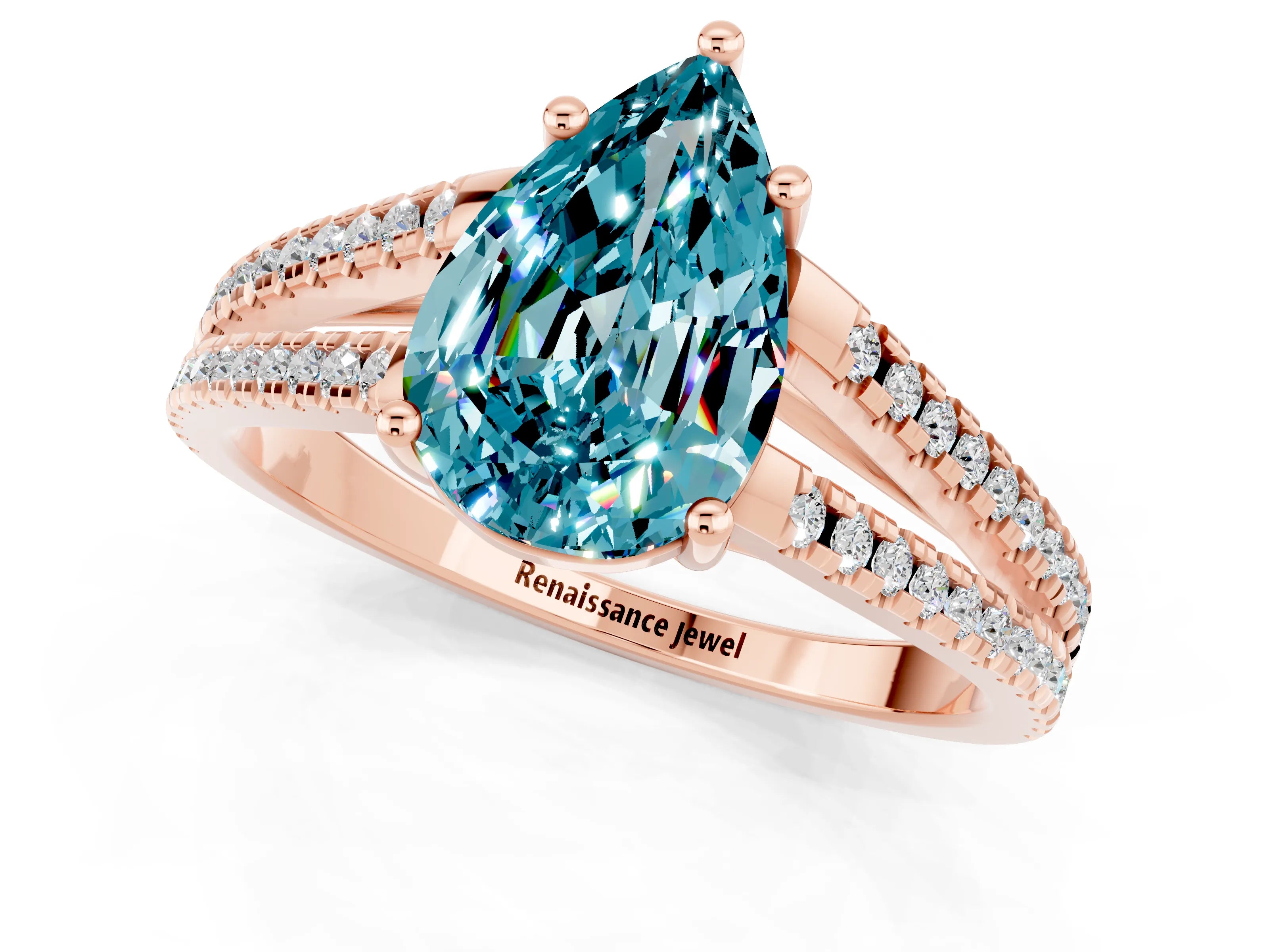 Rose gold Pear Cut Blue Topaz Solitaire Engagement Ring with Split Shank Pavé Band_1