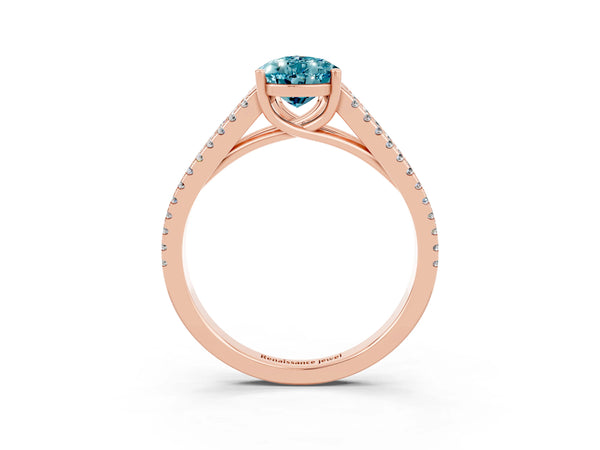Rose gold Pear Cut Blue Topaz Solitaire Engagement Ring with Split Shank Pavé Band