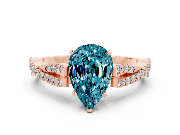 Rose gold Pear Cut Blue Topaz Solitaire Engagement Ring with Twisted Pavé Band and Four-Prong Setting