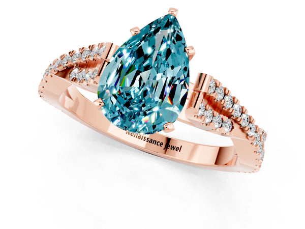 Rose gold Pear Cut Blue Topaz Solitaire Engagement Ring with Twisted Pavé Band and Four-Prong Setting