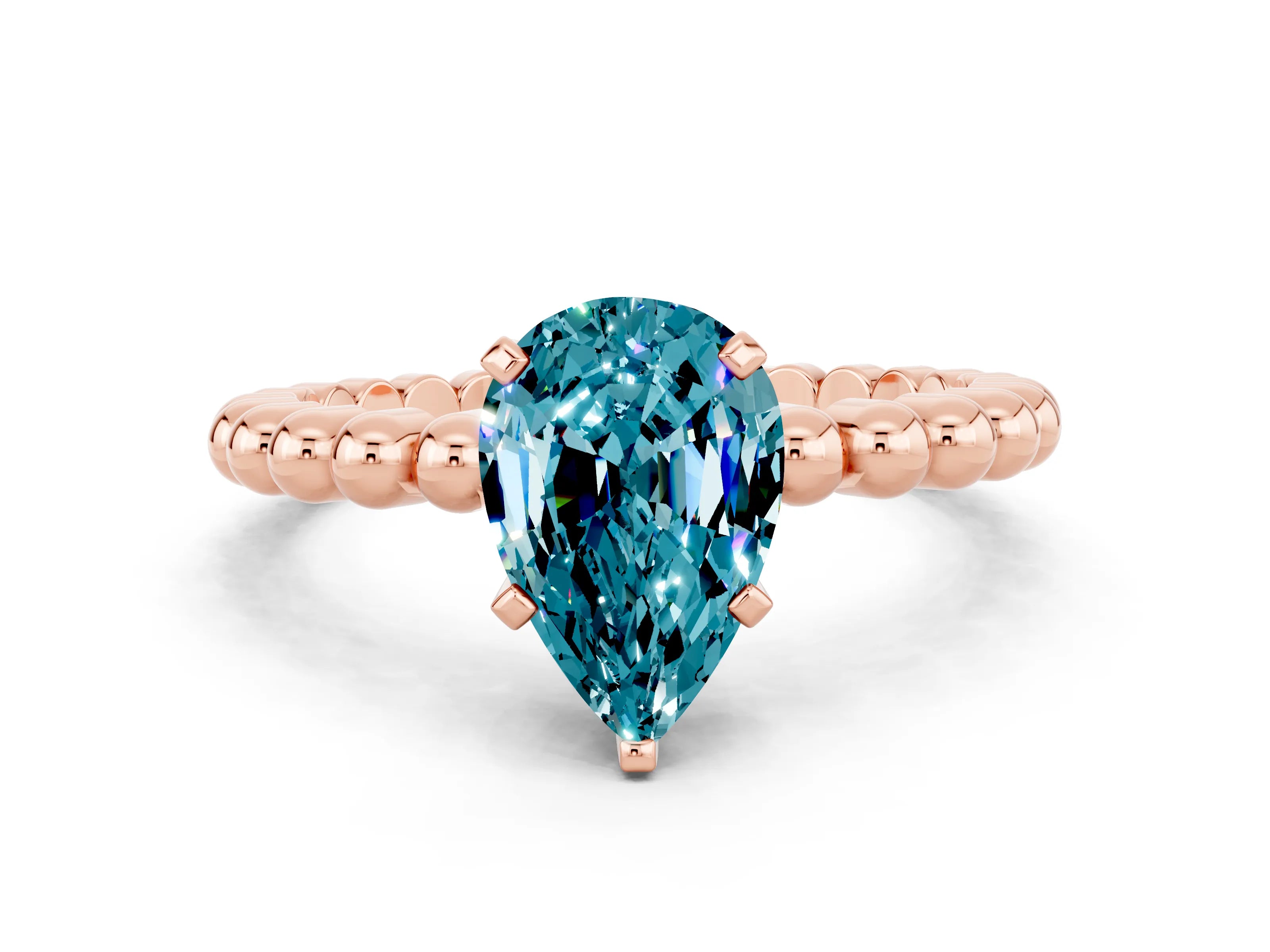 Rose gold Pear Cut Blue Topaz Solitaire Ring with Beaded Band and Prong Setting