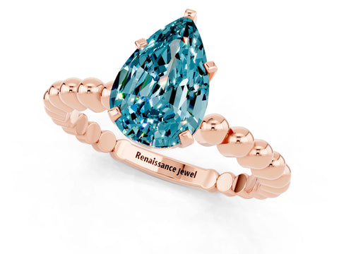 Rose gold Pear Cut Blue Topaz Solitaire Ring with Beaded Band and Prong Setting_1