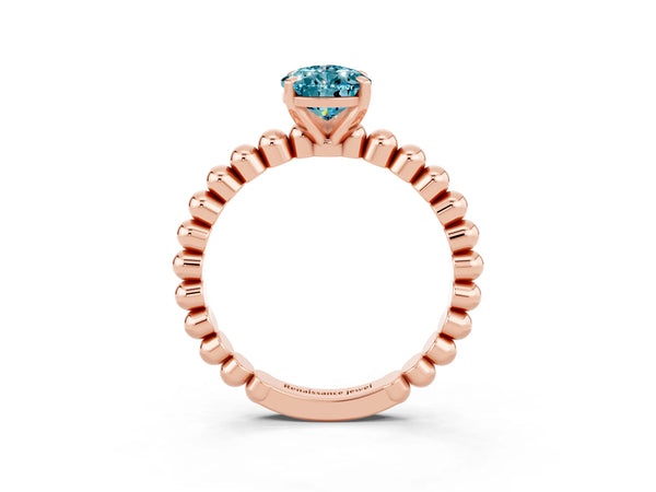 Rose gold Pear Cut Blue Topaz Solitaire Ring with Beaded Band and Prong Setting