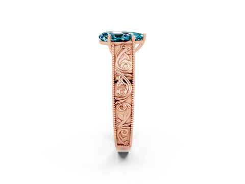 Rose gold Pear Cut Blue Topaz Solitaire Ring with Engraved Band and Four-Prong Setting_2