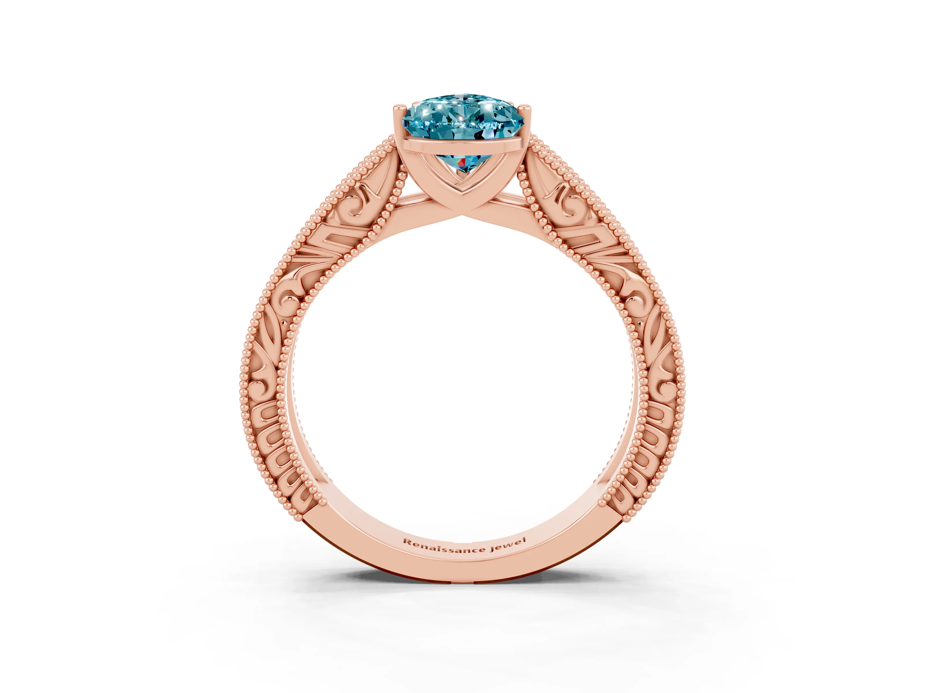 Rose gold Pear Cut Blue Topaz Solitaire Ring with Engraved Band and Four-Prong Setting_3
