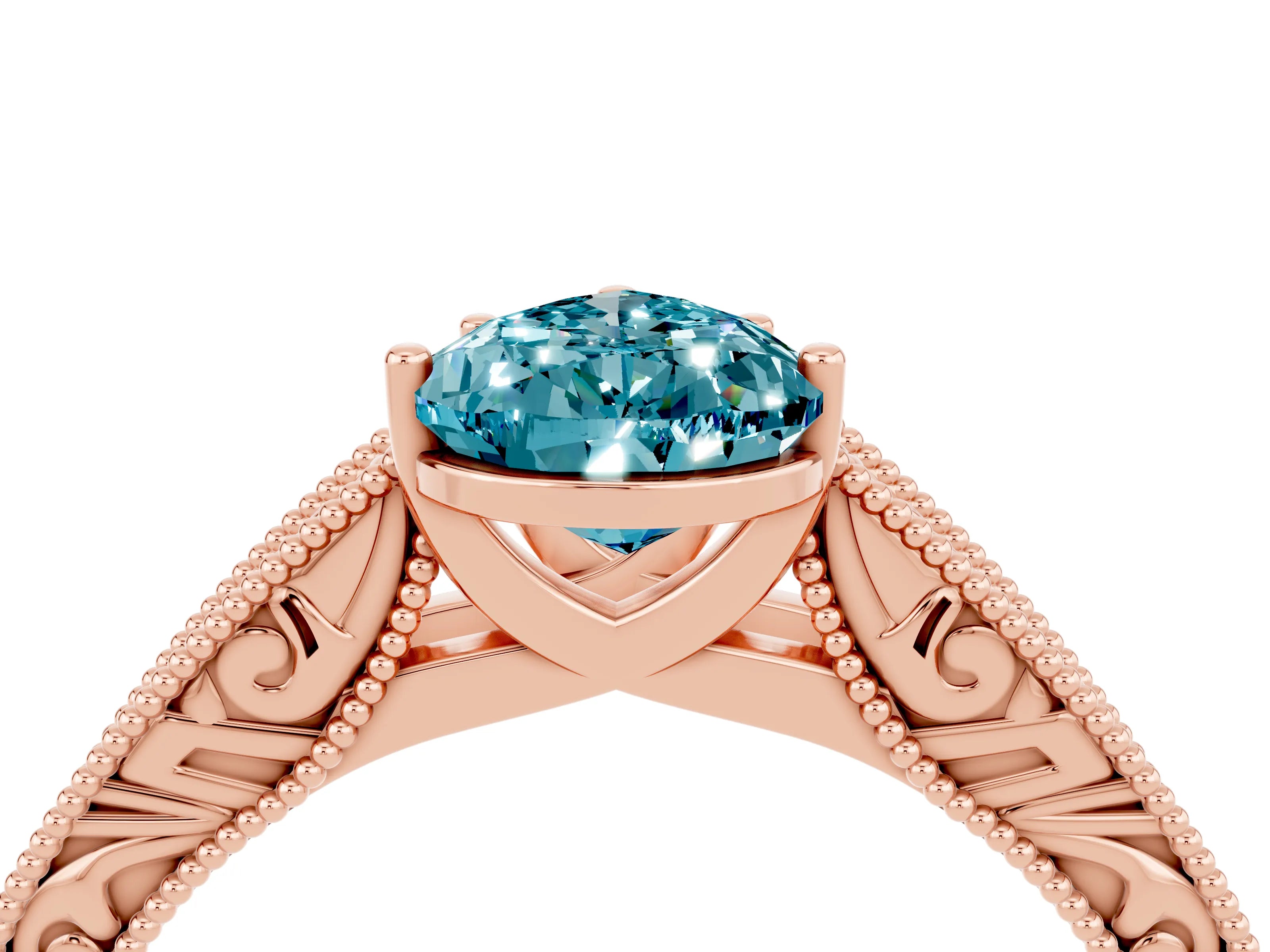 Rose gold Pear Cut Blue Topaz Solitaire Ring with Engraved Band and Four-Prong Setting_4