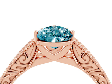 Rose gold Pear Cut Blue Topaz Solitaire Ring with Engraved Band and Four-Prong Setting_4