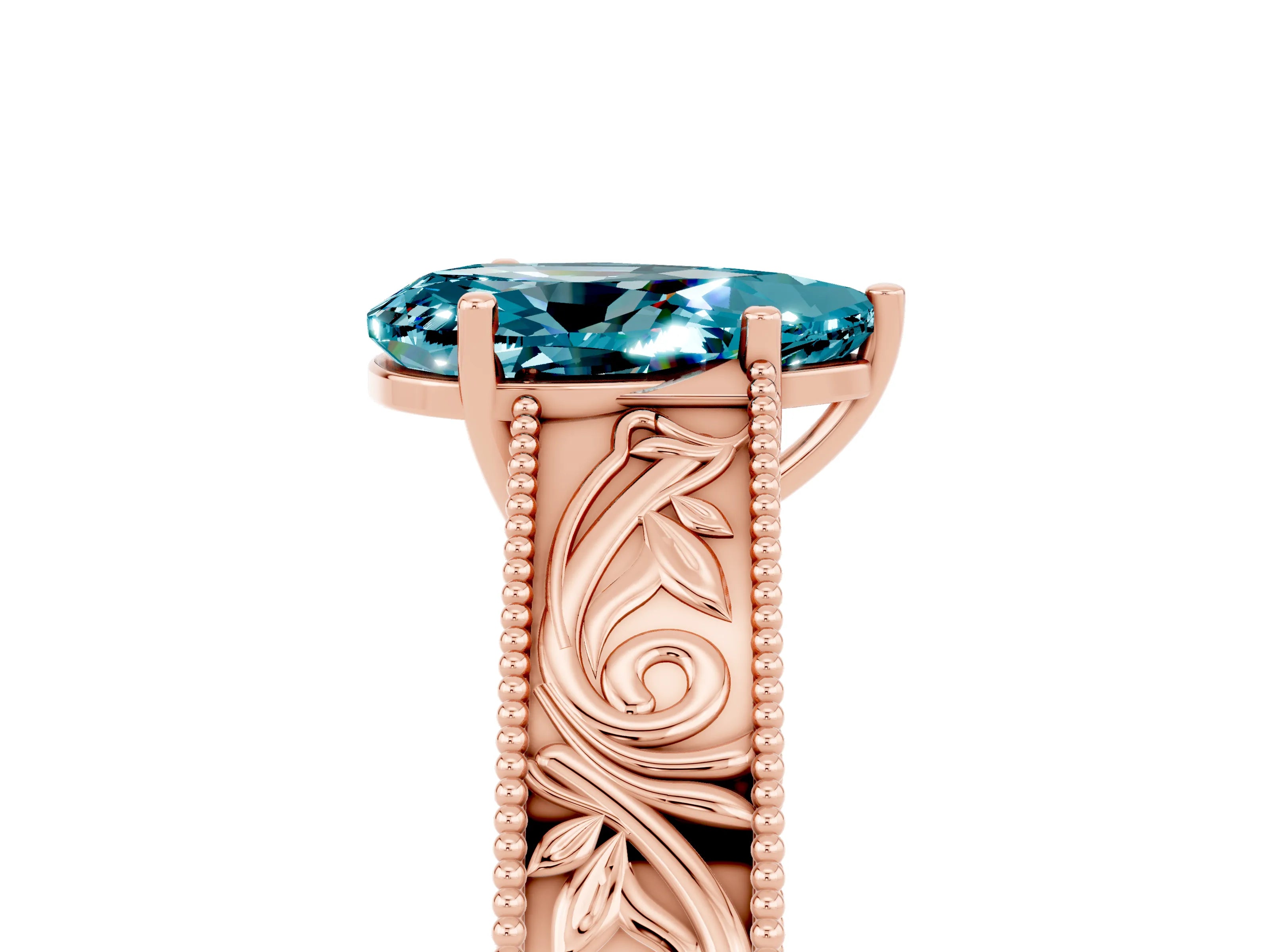 Rose gold Pear Cut Blue Topaz Solitaire Ring with Engraved Band and Four-Prong Setting_5