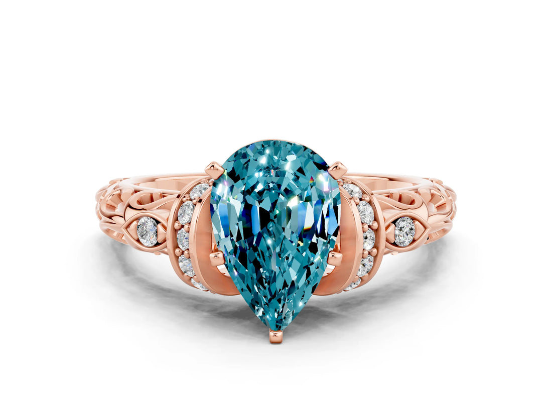 Rose gold Pear Cut Blue Topaz Solitaire Ring with Filigree Band and Four-Prong Setting_24