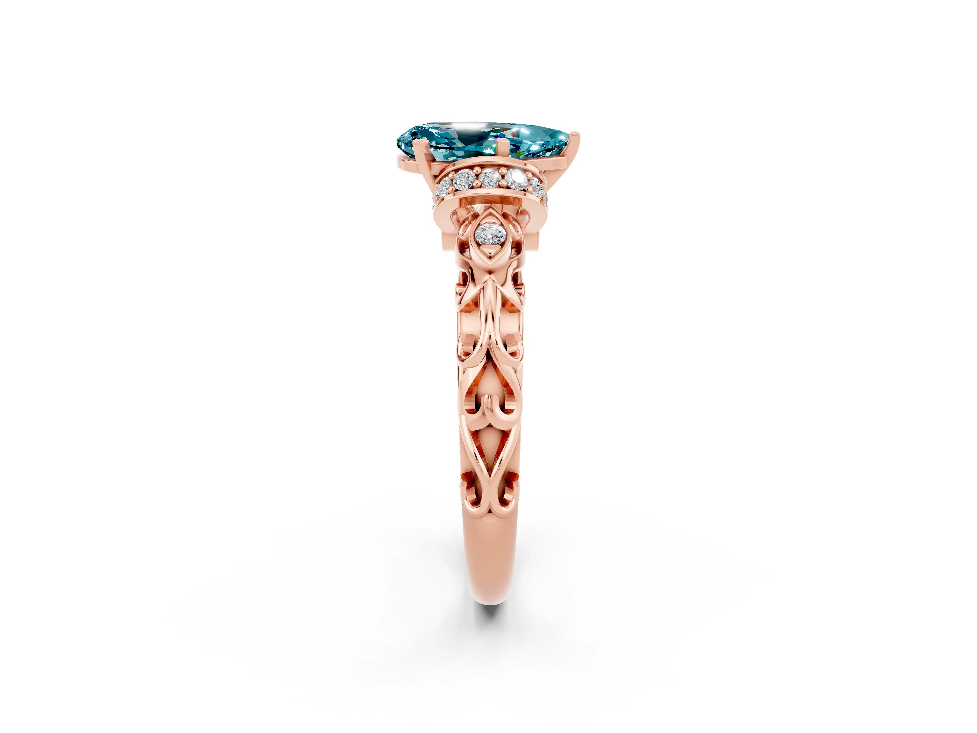 Rose gold Pear Cut Blue Topaz Solitaire Ring with Filigree Band and Four-Prong Setting_26