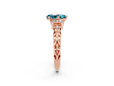 Rose gold Pear Cut Blue Topaz Solitaire Ring with Filigree Band and Four-Prong Setting_26