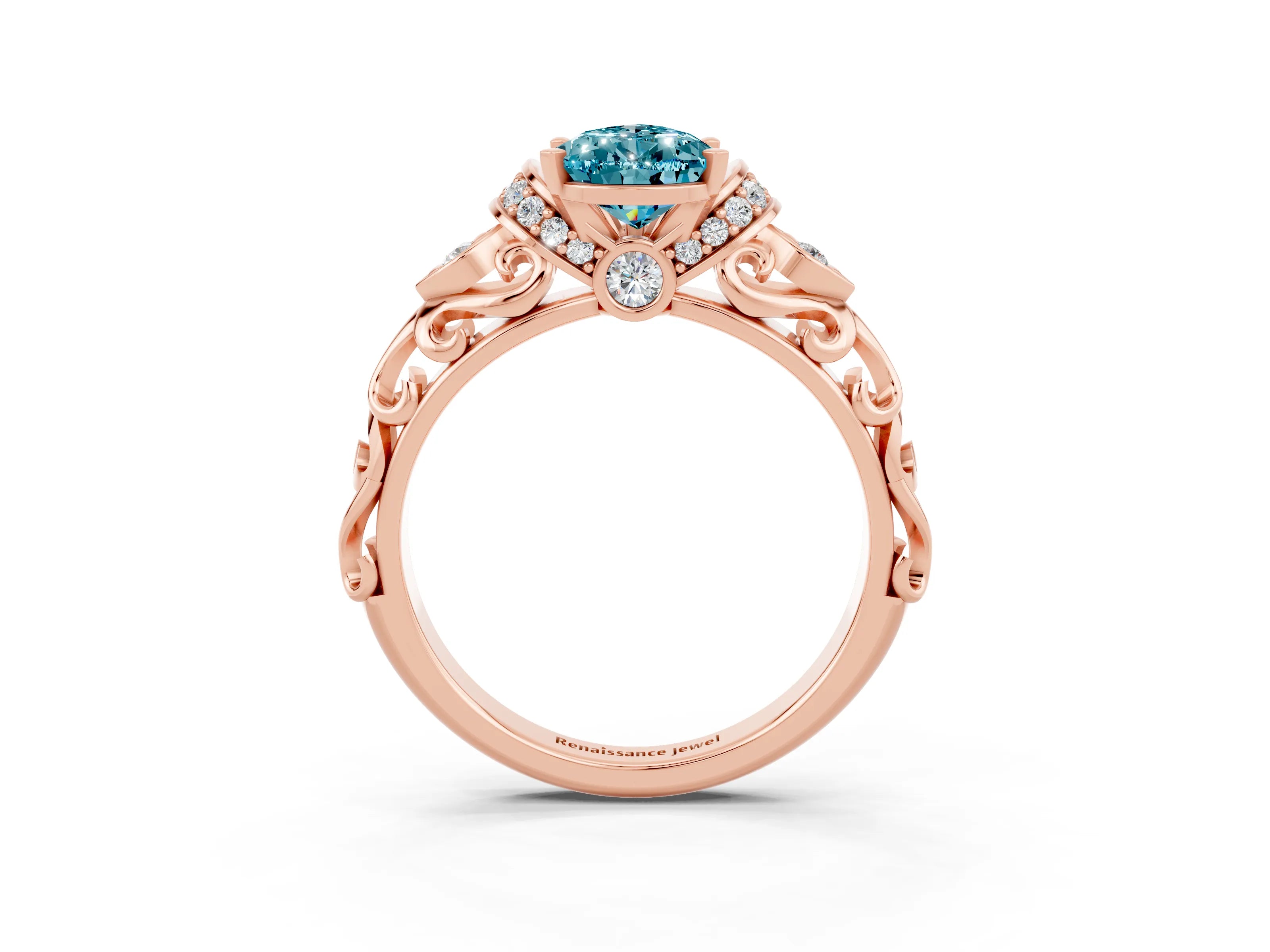 Rose gold Pear Cut Blue Topaz Solitaire Ring with Filigree Band and Four-Prong Setting_27