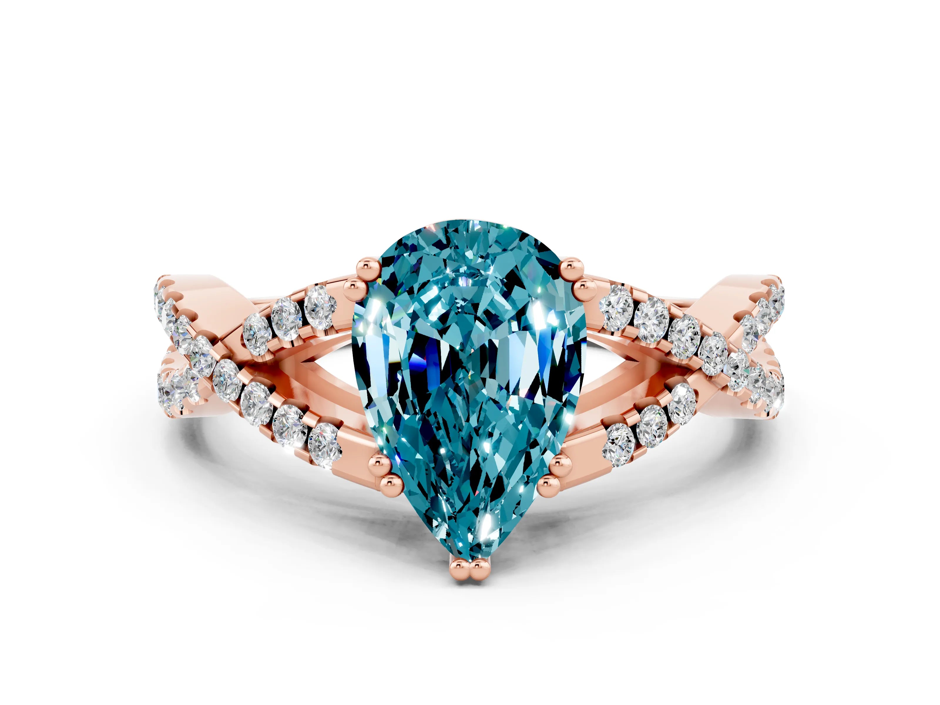 Rose gold Pear Cut Blue Topaz Solitaire Ring with Four-Prong Setting and Twisted Pavé Band