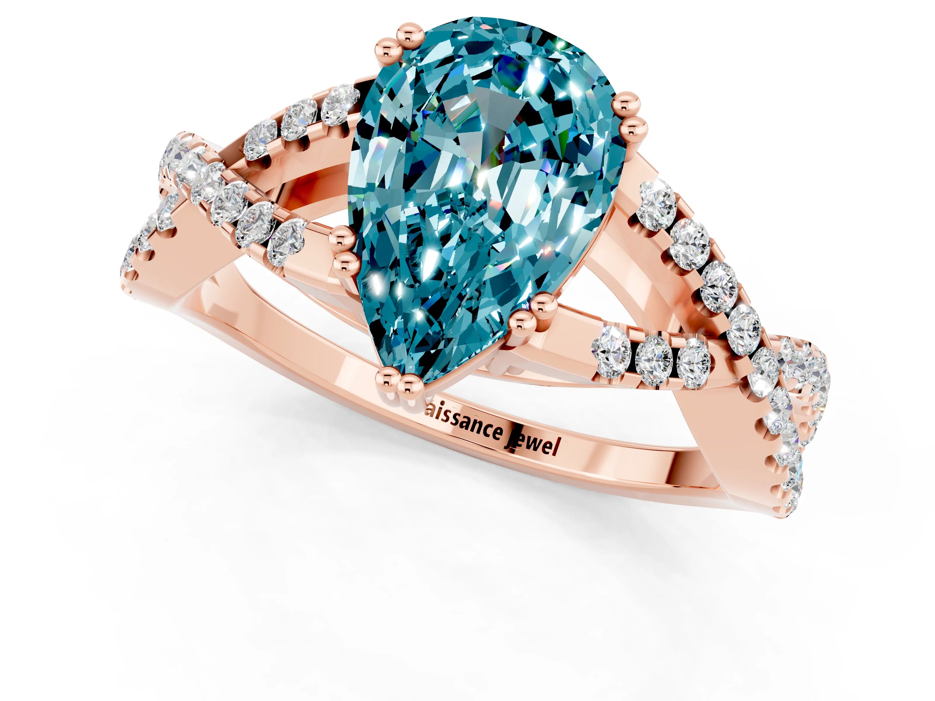 Rose gold Pear Cut Blue Topaz Solitaire Ring with Four-Prong Setting and Twisted Pavé Band_1