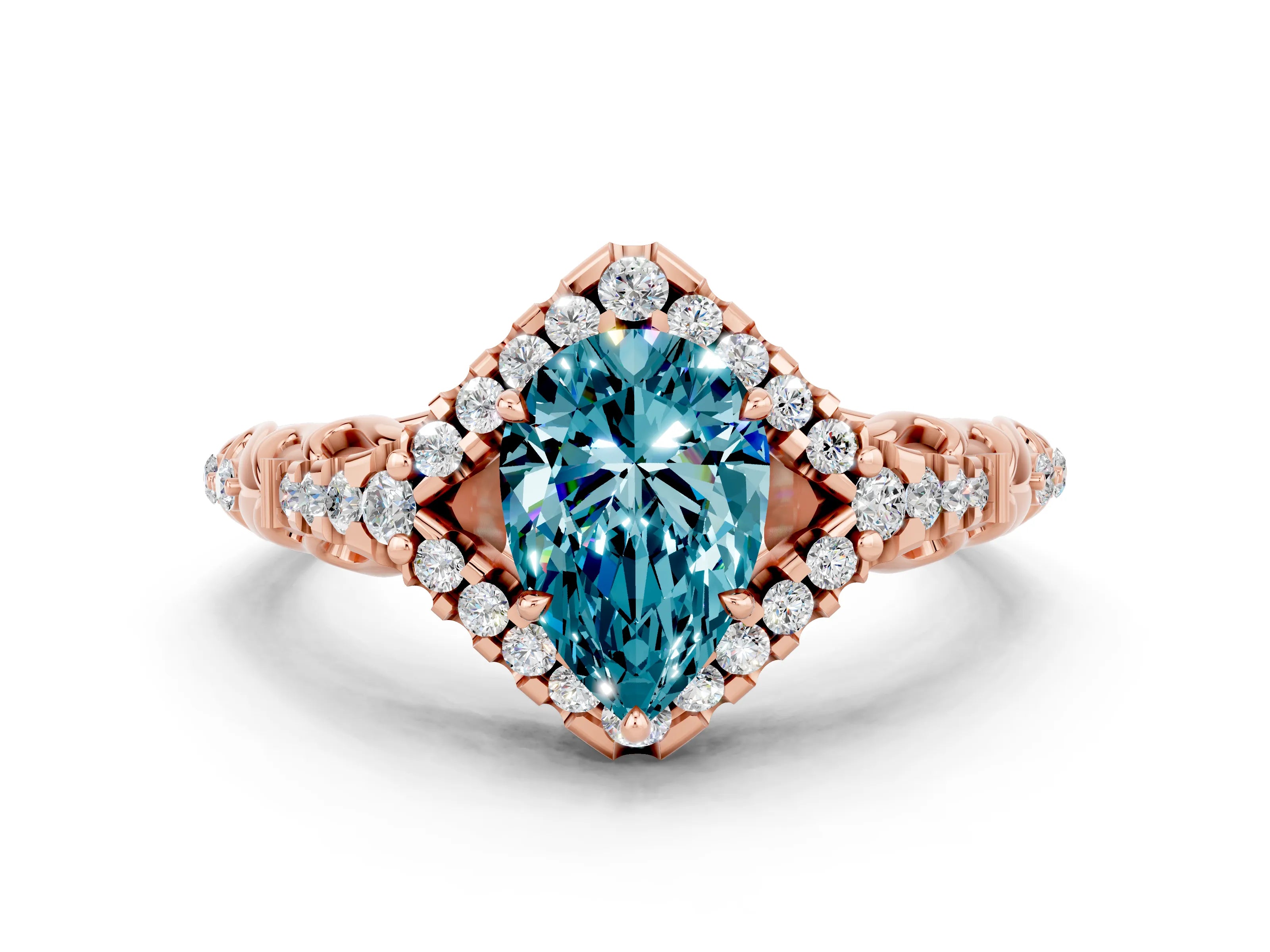 Rose gold Pear Cut Blue Topaz Solitaire Ring with Hidden Halo and Pavé Band_12