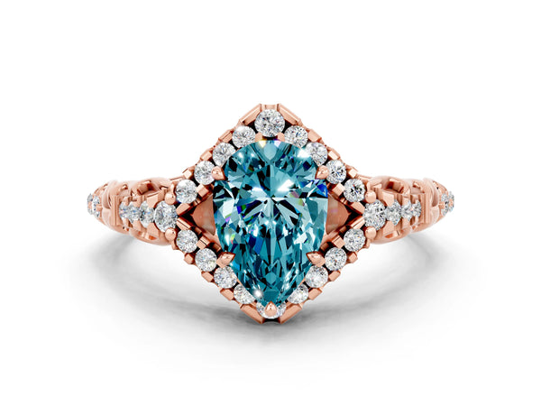 Rose gold Pear Cut Blue Topaz Solitaire Ring with Hidden Halo and Pavé Band