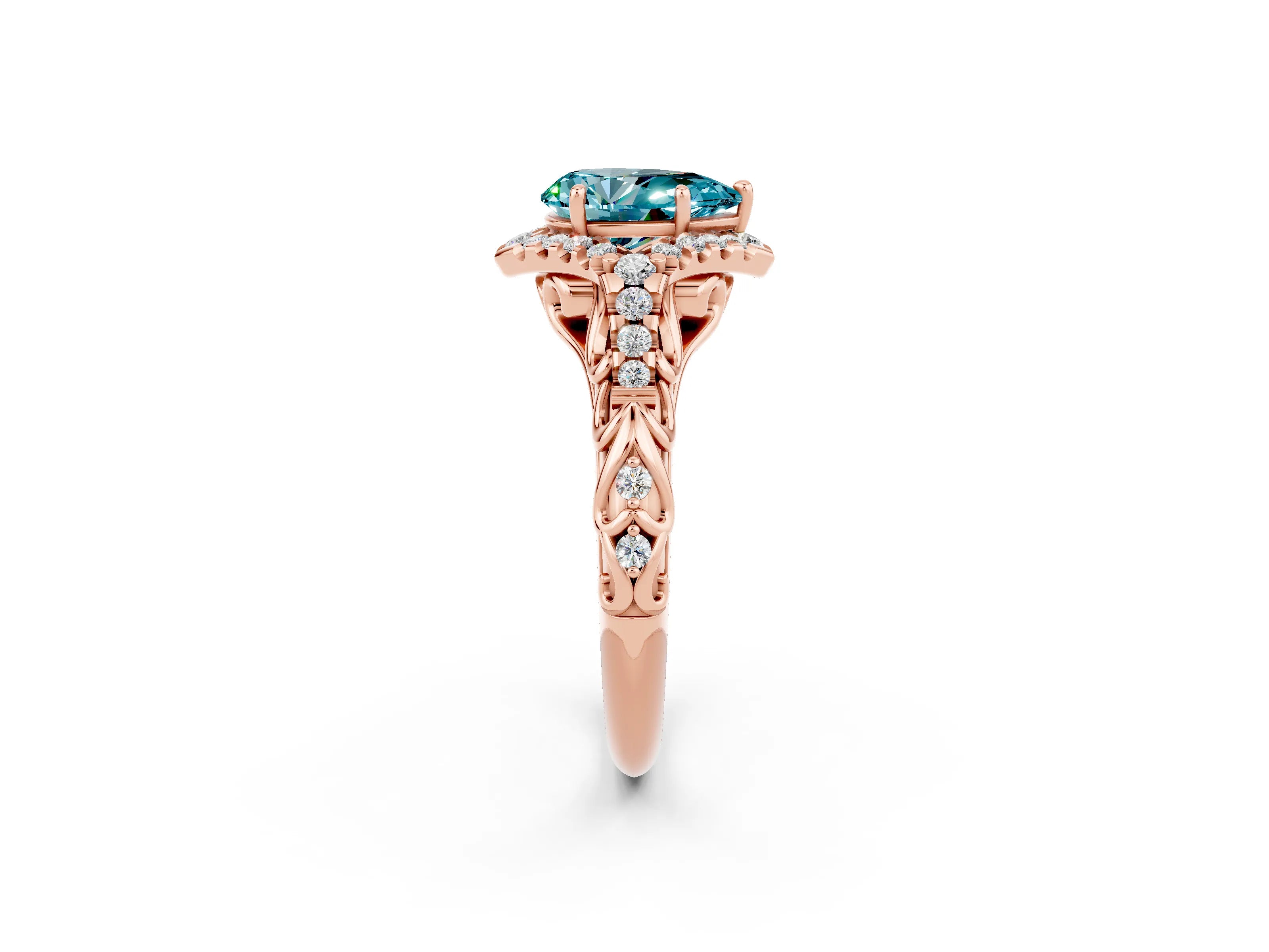 Rose gold Pear Cut Blue Topaz Solitaire Ring with Hidden Halo and Pavé Band_14