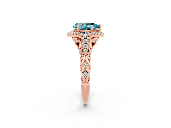 Rose gold Pear Cut Blue Topaz Solitaire Ring with Hidden Halo and Pavé Band