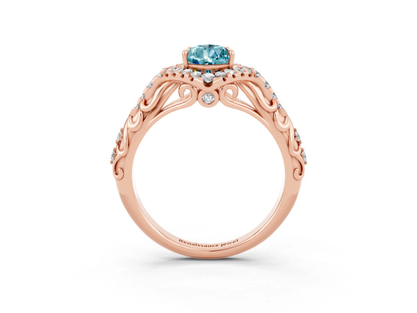 Rose gold Pear Cut Blue Topaz Solitaire Ring with Hidden Halo and Pavé Band