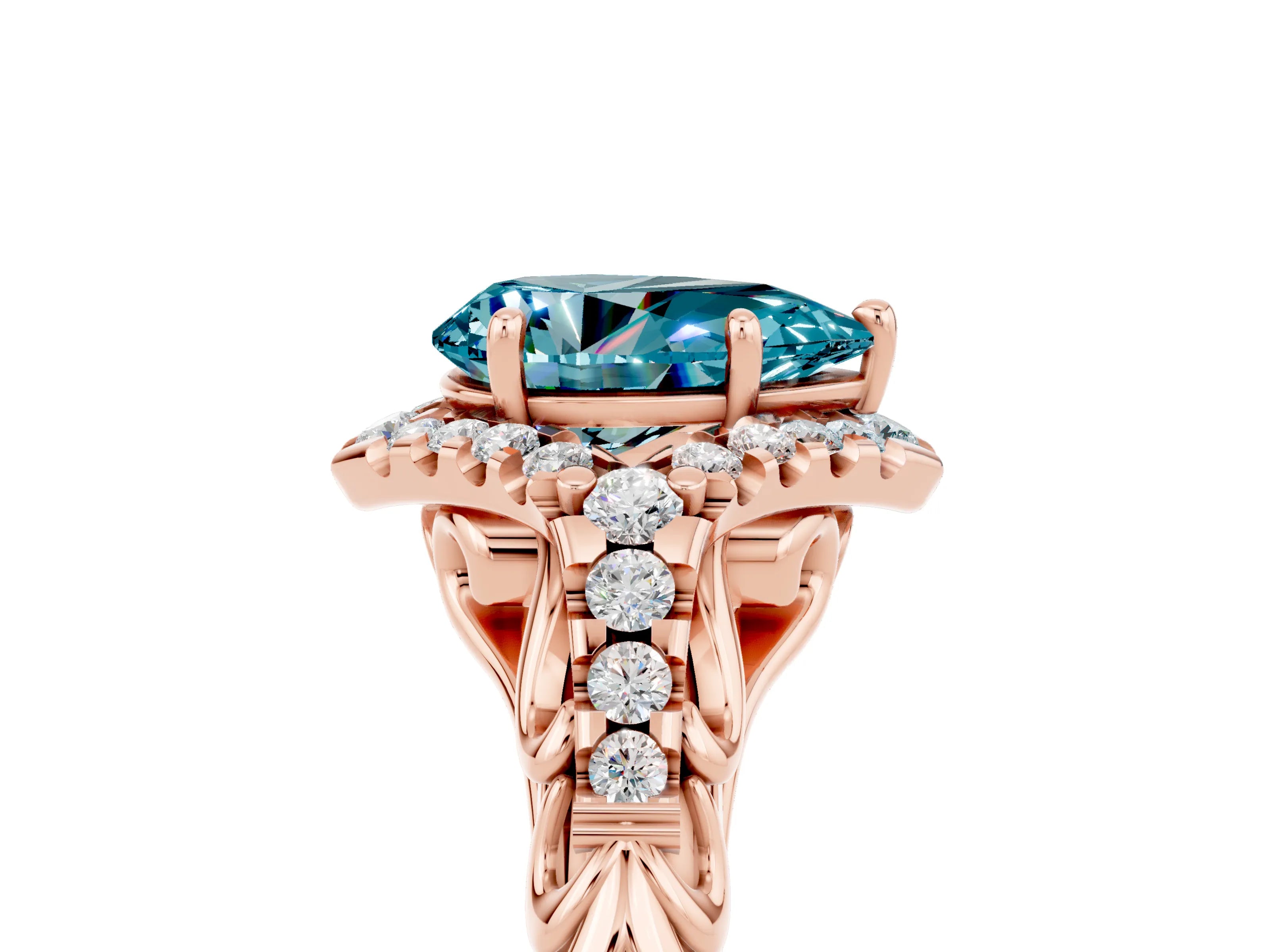 Rose gold Pear Cut Blue Topaz Solitaire Ring with Hidden Halo and Pavé Band_17