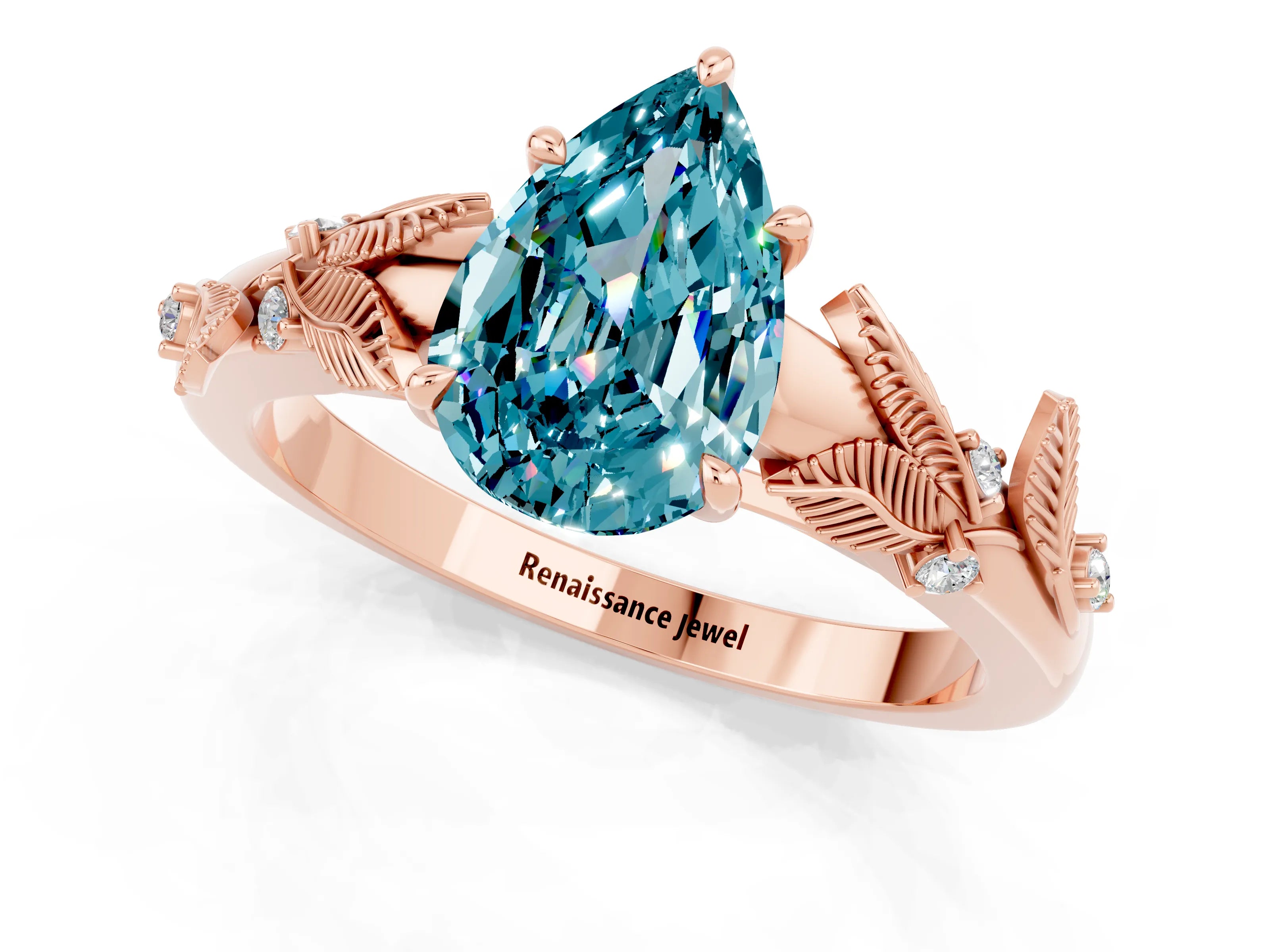 Rose gold Pear Cut Blue Topaz Solitaire Ring with Leaf Motif Band and Four-Prong Setting_1