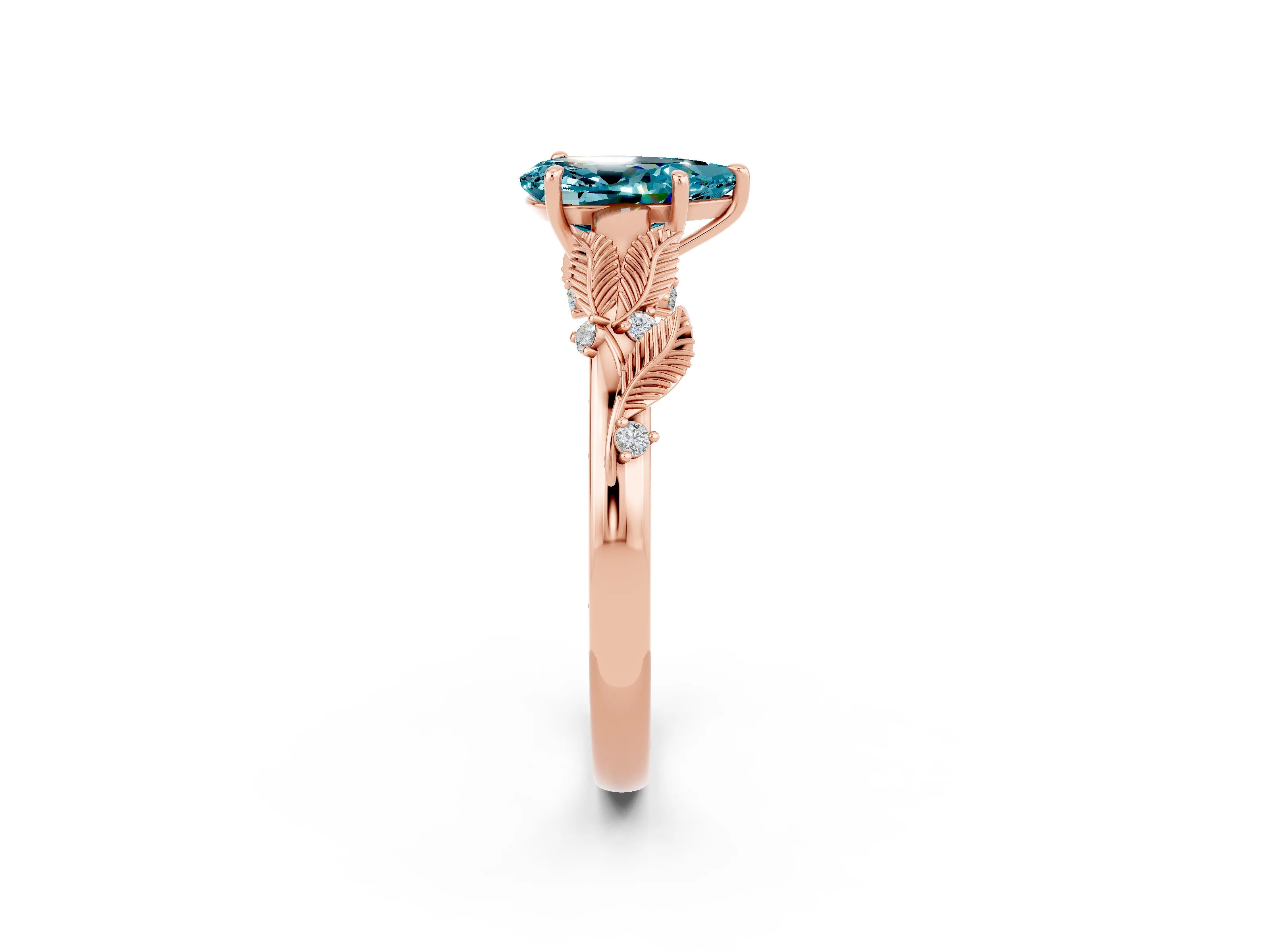 Rose gold Pear Cut Blue Topaz Solitaire Ring with Leaf Motif Band and Four-Prong Setting_2