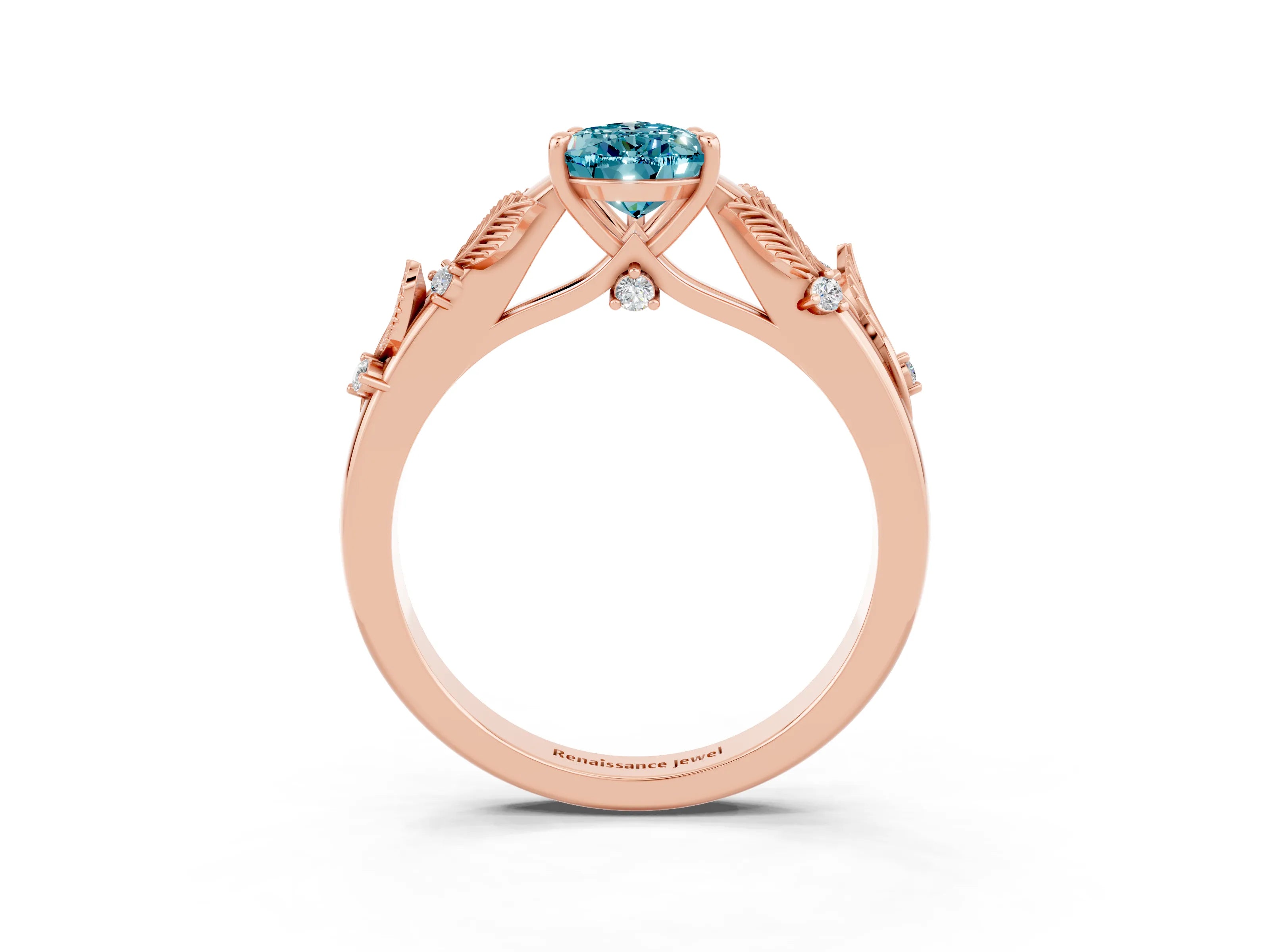 Rose gold Pear Cut Blue Topaz Solitaire Ring with Leaf Motif Band and Four-Prong Setting_3