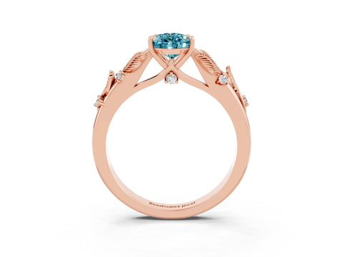 Rose gold Pear Cut Blue Topaz Solitaire Ring with Leaf Motif Band and Four-Prong Setting_3