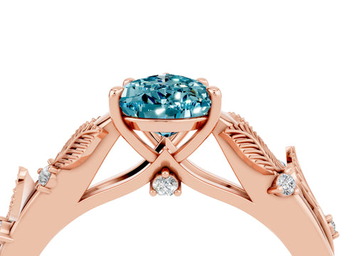 Rose gold Pear Cut Blue Topaz Solitaire Ring with Leaf Motif Band and Four-Prong Setting_4