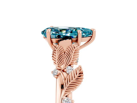 Rose gold Pear Cut Blue Topaz Solitaire Ring with Leaf Motif Band and Four-Prong Setting_5
