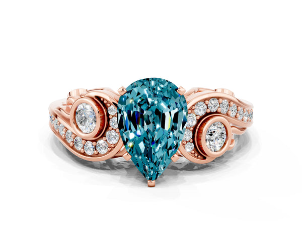Rose gold Pear Cut Blue Topaz Solitaire Ring with Milgrain Pavé Band and Four-Prong Setting