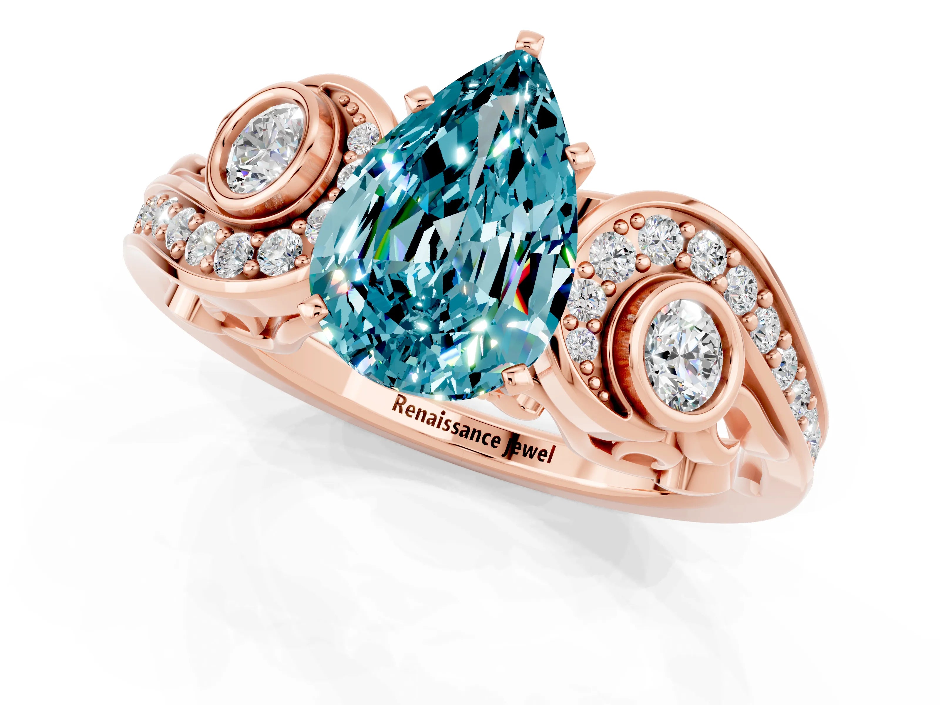Rose gold Pear Cut Blue Topaz Solitaire Ring with Milgrain Pavé Band and Four-Prong Setting_25