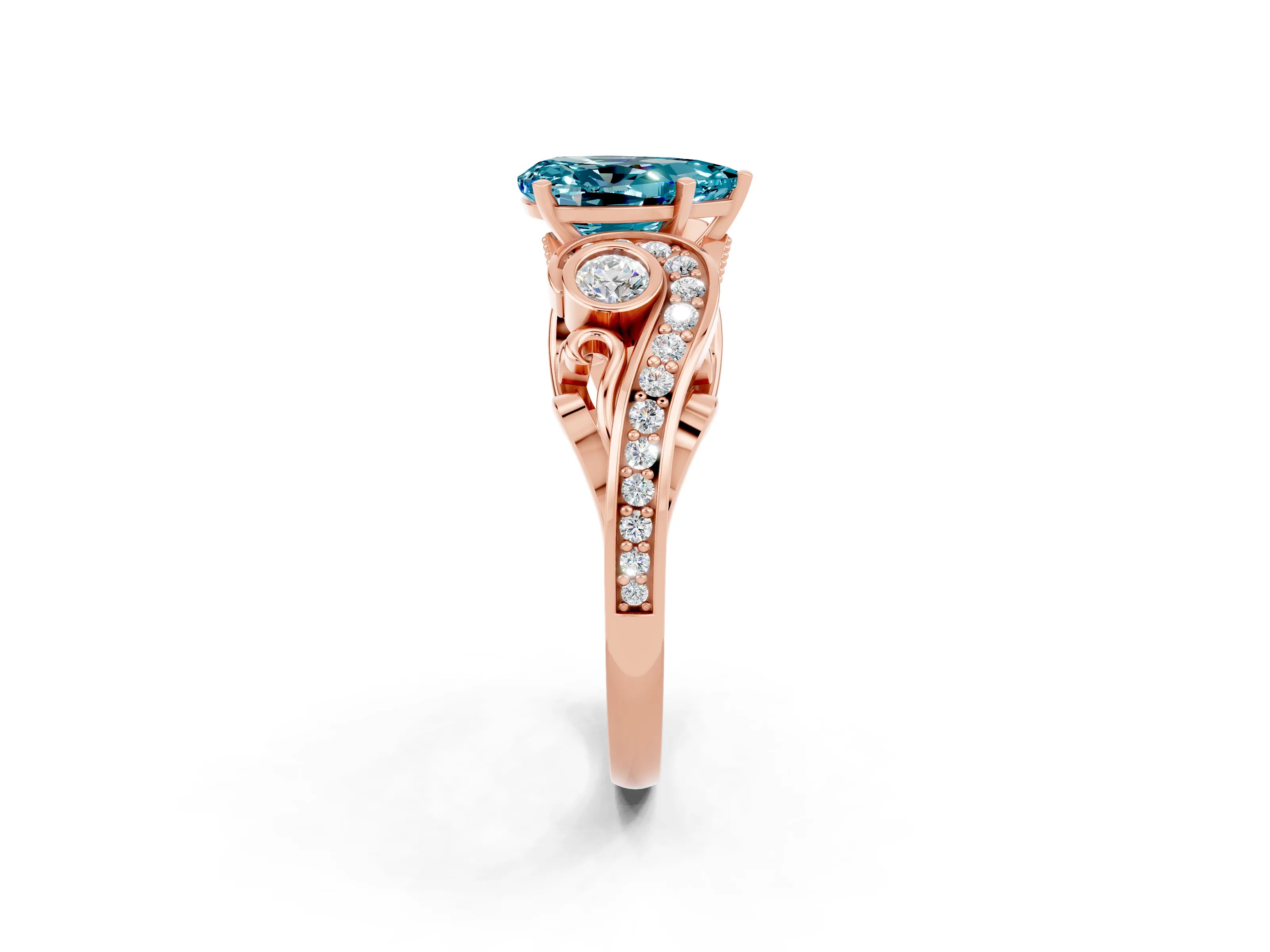 Rose gold Pear Cut Blue Topaz Solitaire Ring with Milgrain Pavé Band and Four-Prong Setting_26