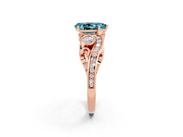 Rose gold Pear Cut Blue Topaz Solitaire Ring with Milgrain Pavé Band and Four-Prong Setting
