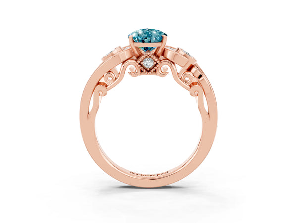 Rose gold Pear Cut Blue Topaz Solitaire Ring with Milgrain Pavé Band and Four-Prong Setting
