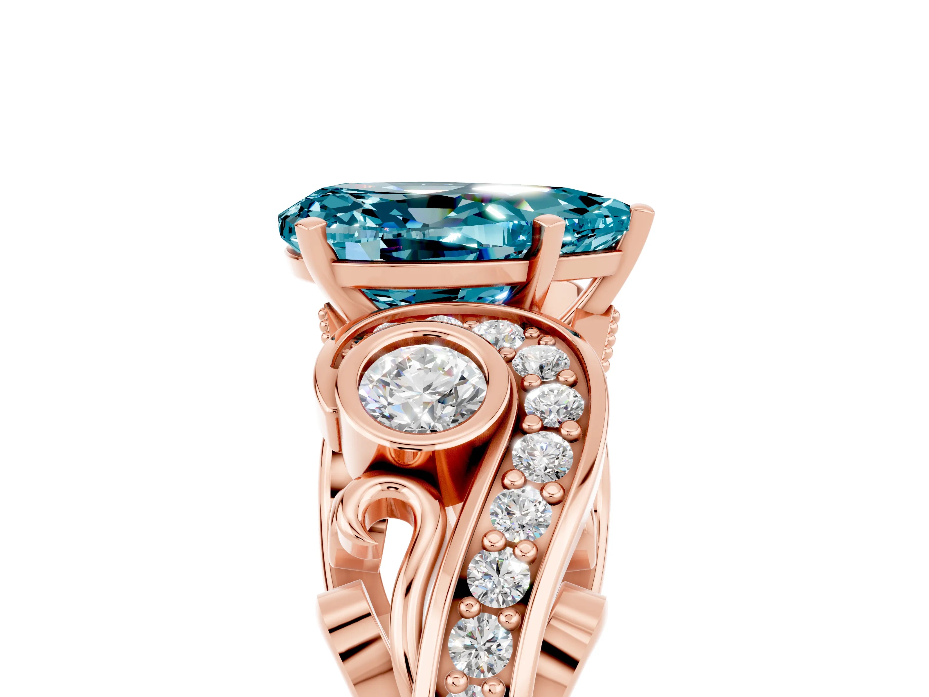Rose gold Pear Cut Blue Topaz Solitaire Ring with Milgrain Pavé Band and Four-Prong Setting_29