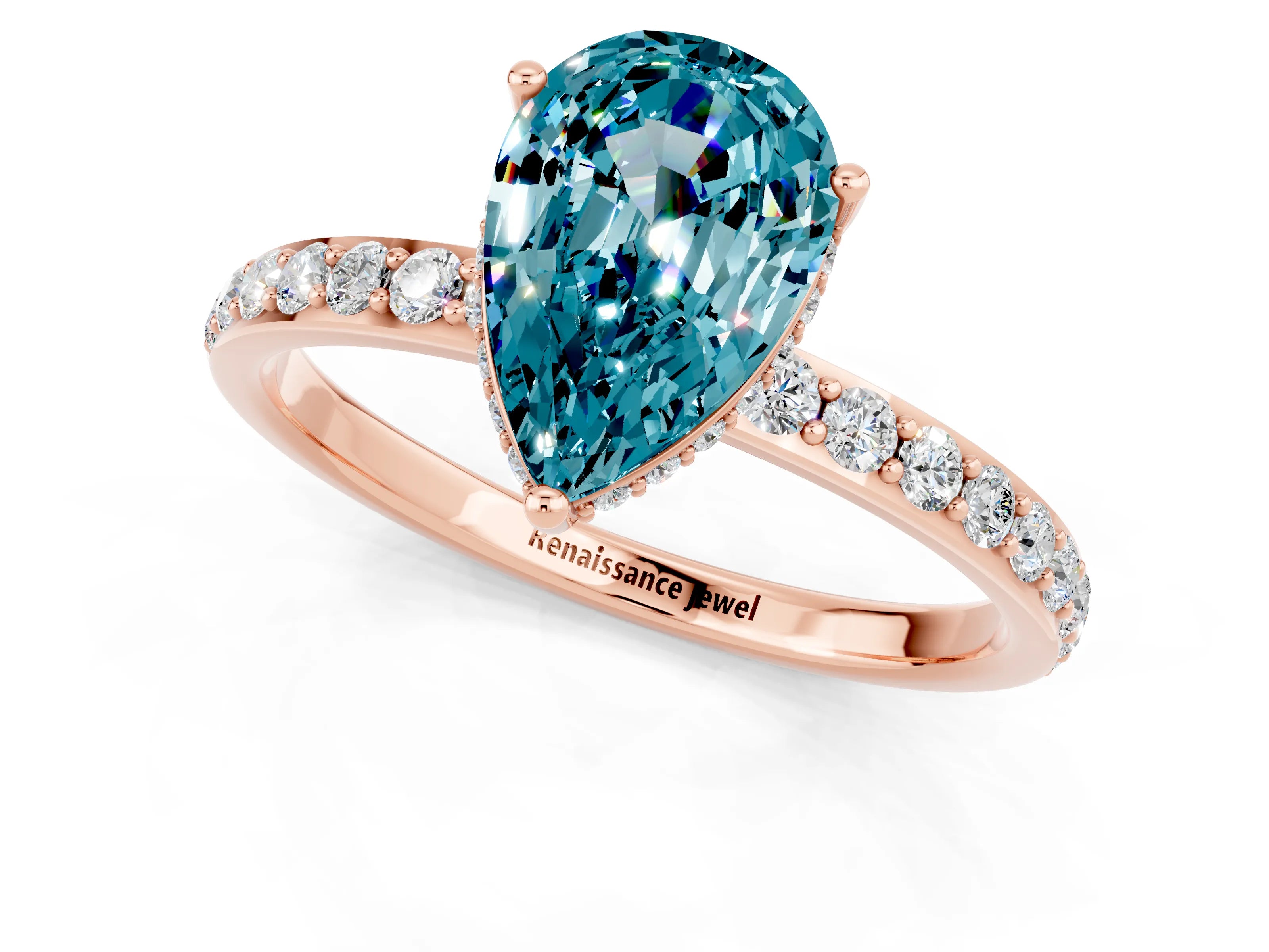 Rose gold Pear Cut Blue Topaz Solitaire Ring with Pavé Band and Hidden Halo_13