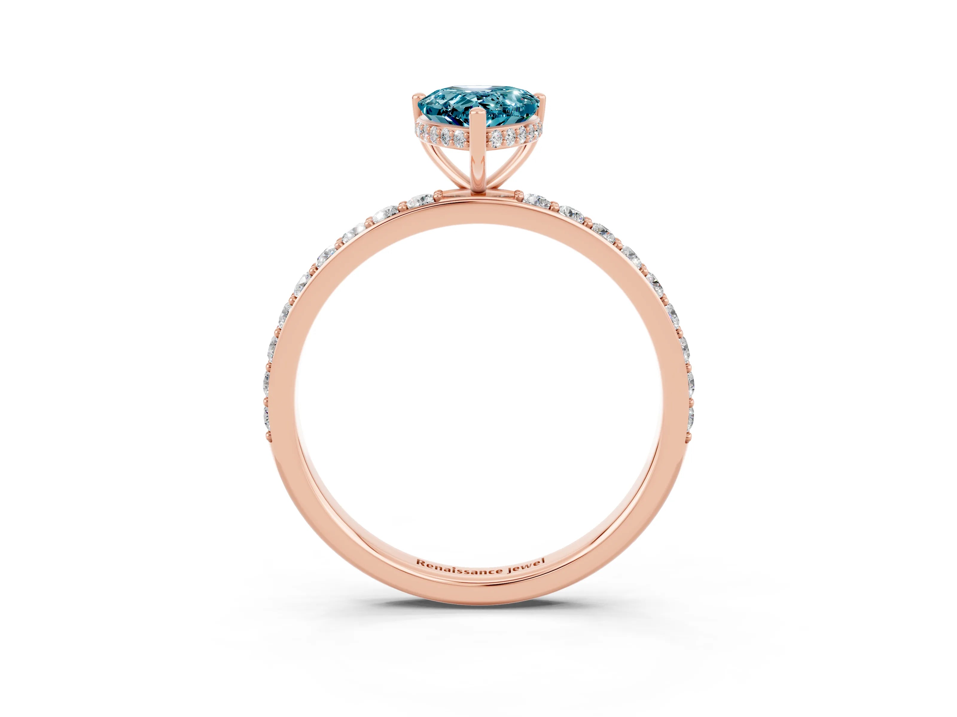 Rose gold Pear Cut Blue Topaz Solitaire Ring with Pavé Band and Hidden Halo_15