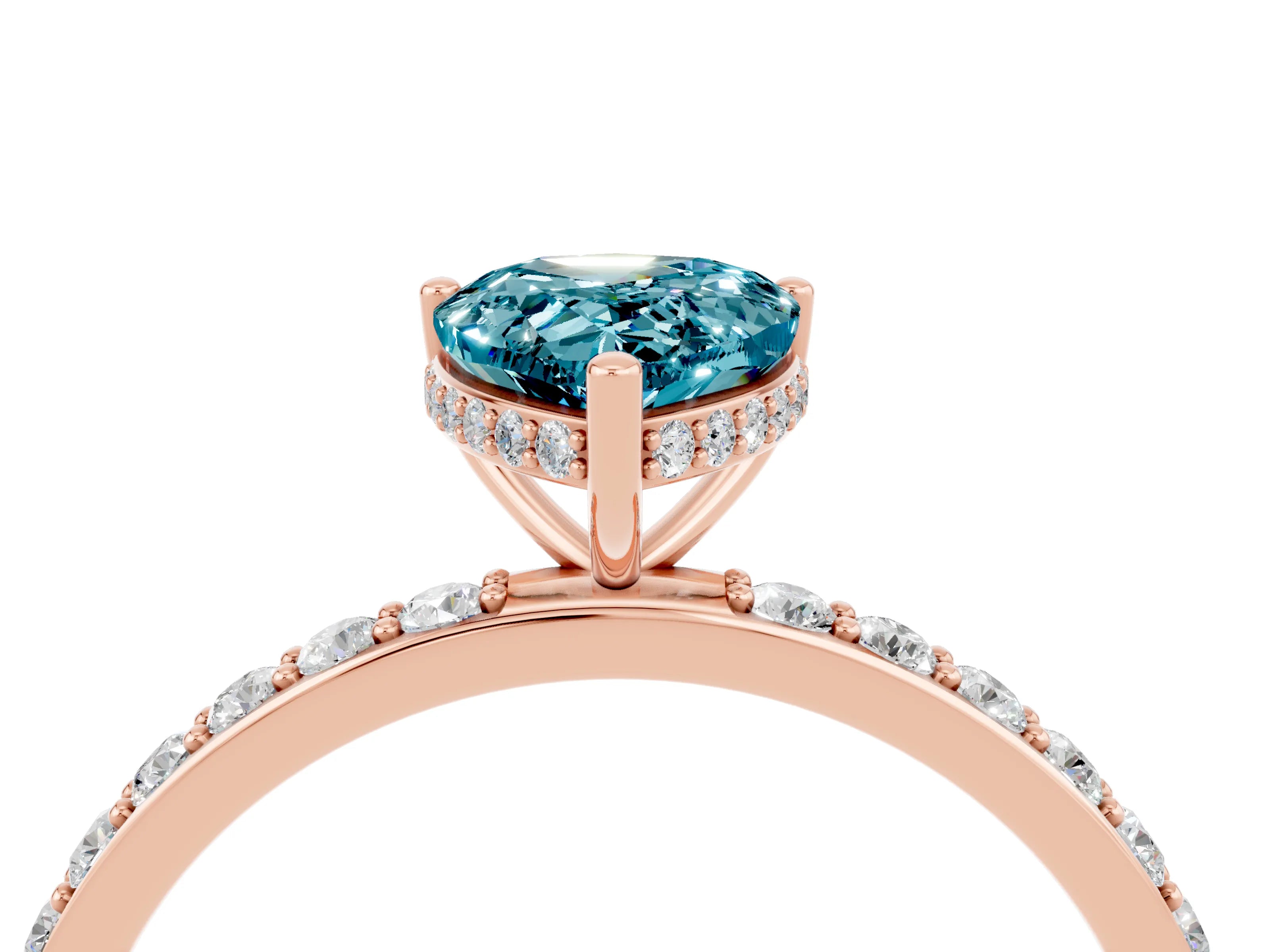 Rose gold Pear Cut Blue Topaz Solitaire Ring with Pavé Band and Hidden Halo_16