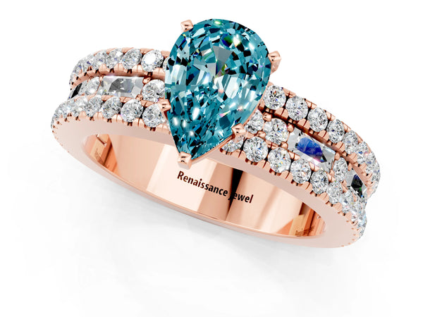 Rose gold Pear Cut Blue Topaz Solitaire Ring with Pavé and Channel Set Band