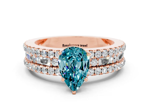 Rose gold Pear Cut Blue Topaz Solitaire Ring with Pavé and Channel Set Band