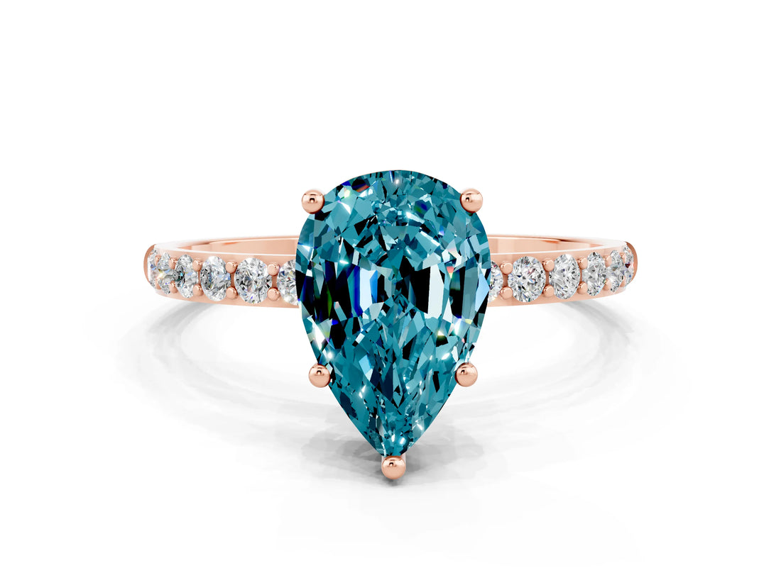 Rose gold Pear Cut Blue Topaz Solitaire Ring with Pave Band and Four Prong Setting_12