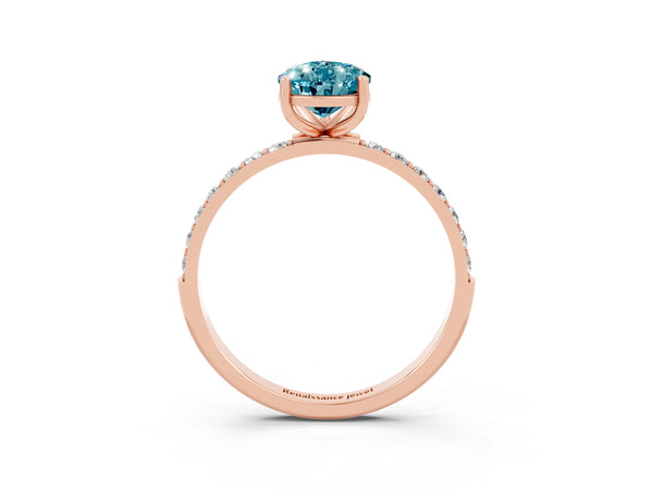 Rose gold Pear Cut Blue Topaz Solitaire Ring with Round  Pavé Band and Prong Setting