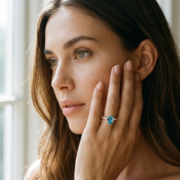 Rose gold Pear Cut Blue Topaz Solitaire Ring with Round Pavé Band and Four-Prong Setting