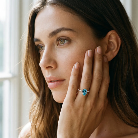 Rose gold Pear Cut Blue Topaz Solitaire Ring with Round  Pavé Band and Four-Prong Setting_43