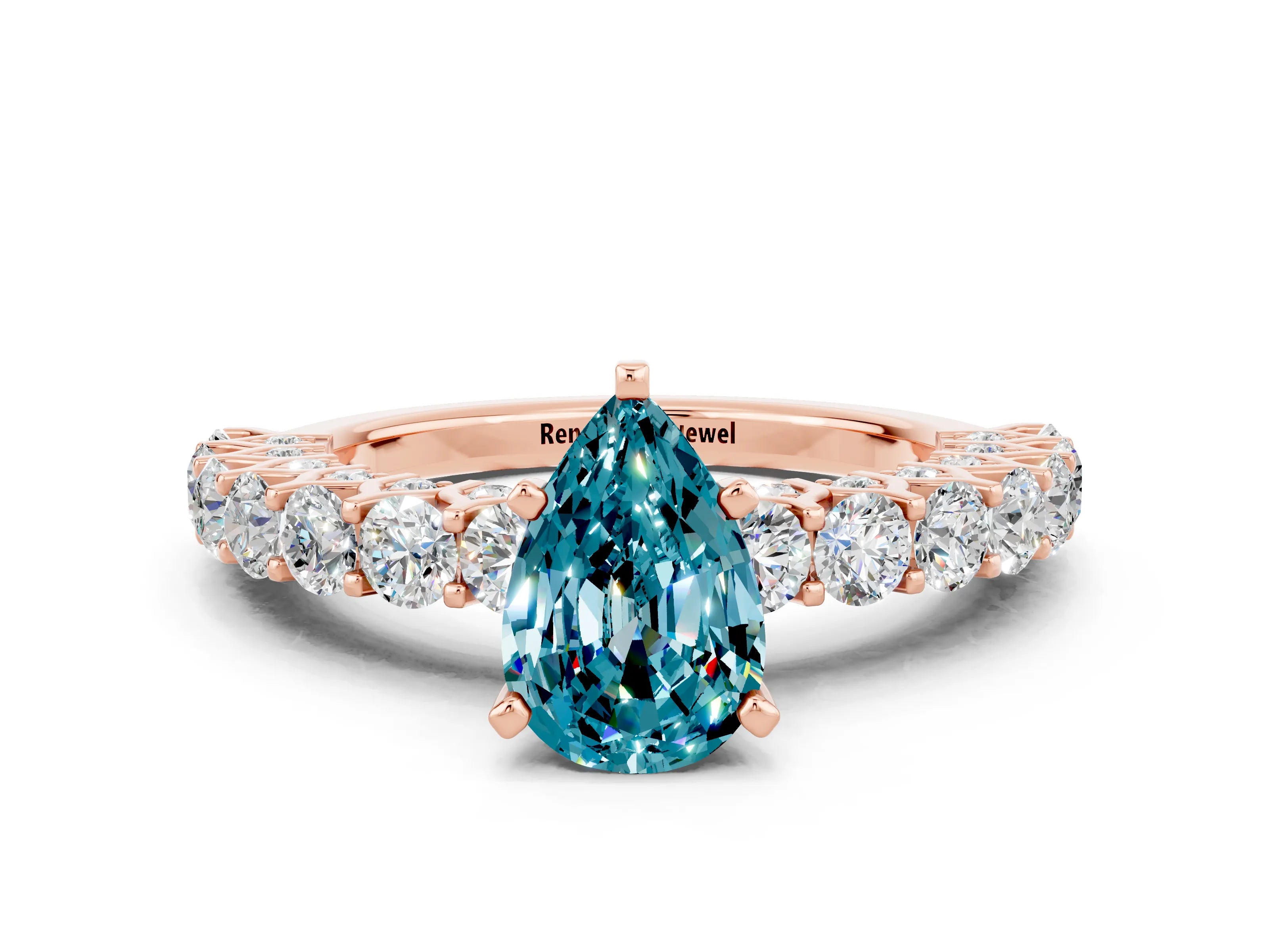Rose gold Pear Cut Blue Topaz Solitaire Ring with Shared Prong Pavé Band and Four-Prong Setting
