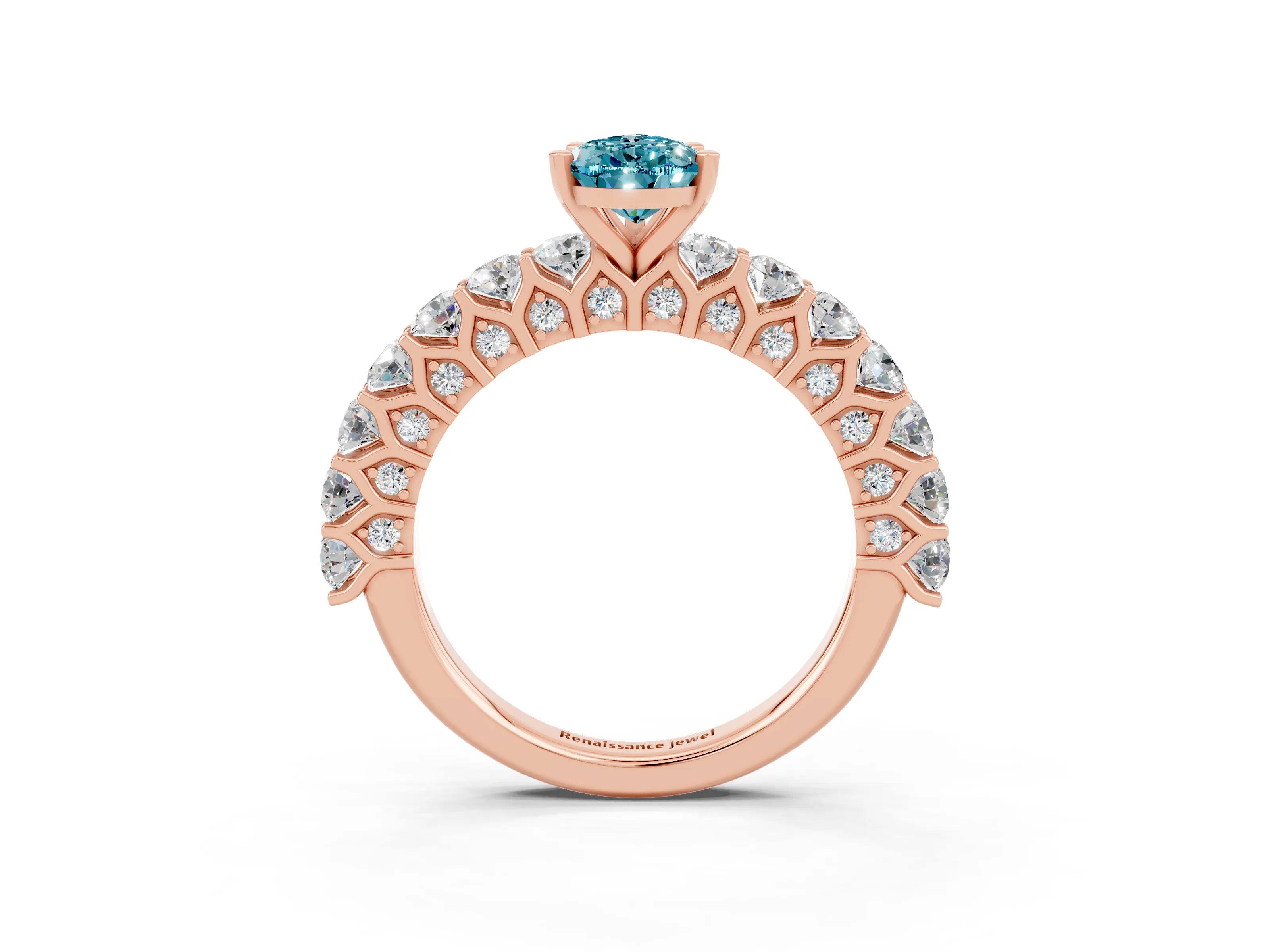 Rose gold Pear Cut Blue Topaz Solitaire Ring with Shared Prong Pavé Band and Four-Prong Setting_3