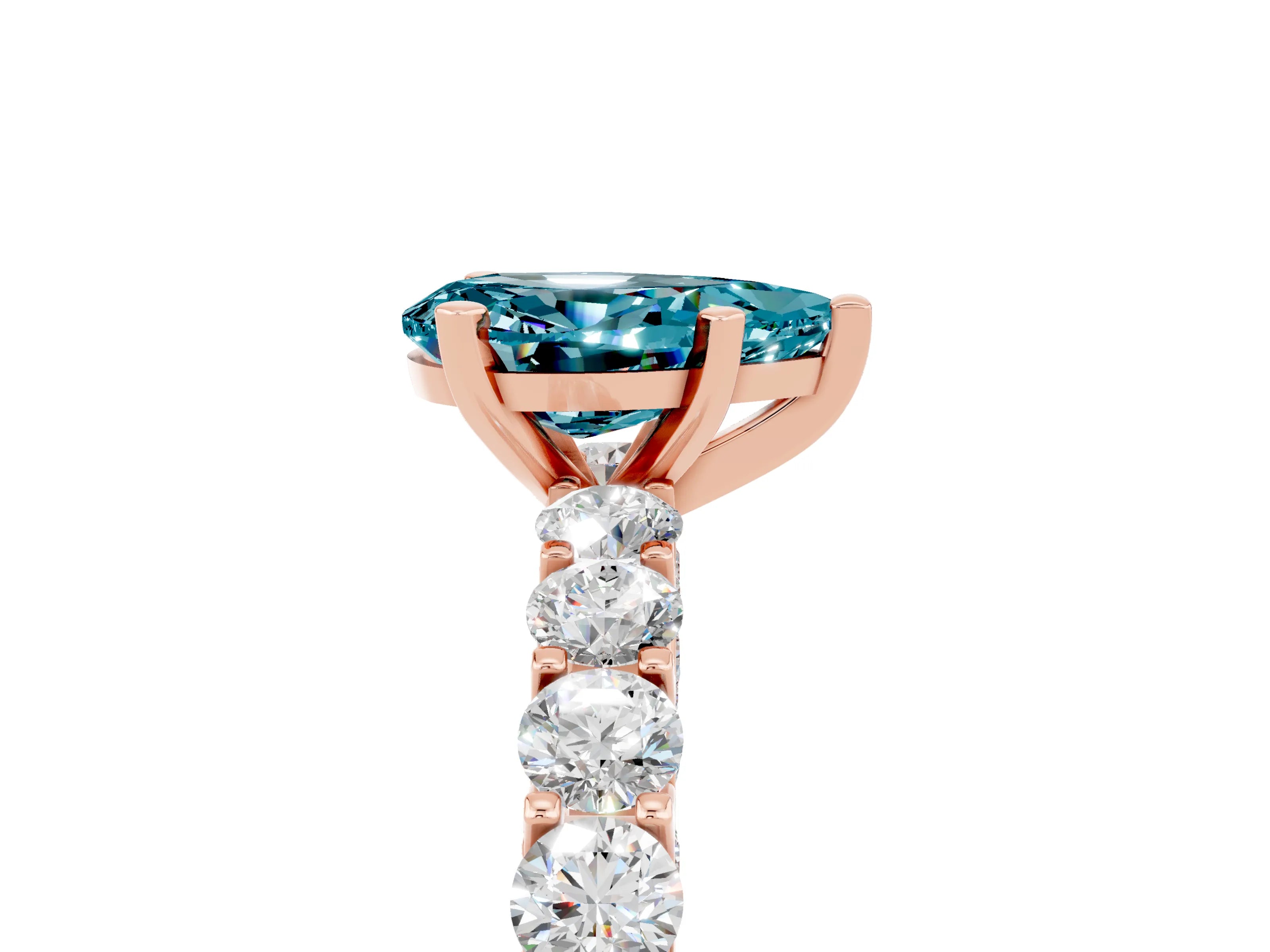Rose gold Pear Cut Blue Topaz Solitaire Ring with Shared Prong Pavé Band and Four-Prong Setting_5