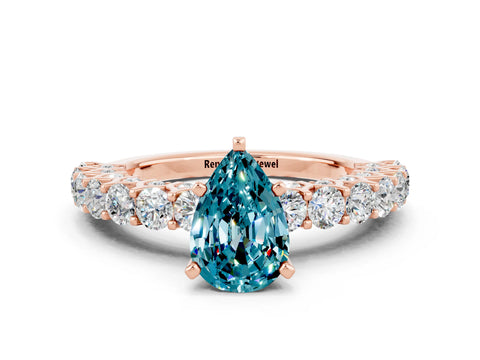 Rose gold Pear Cut Blue Topaz Solitaire Ring with Shared Prong Pavé Band and Four-Prong Setting
