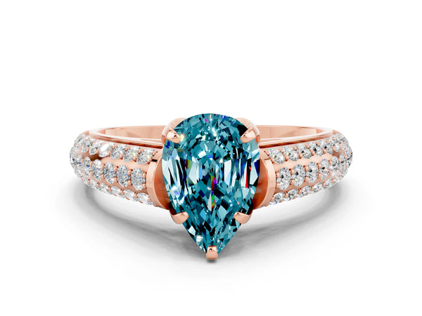 Rose gold Pear Cut Blue Topaz Solitaire Ring with Three-Row Pavé Band and Four-Prong Setting